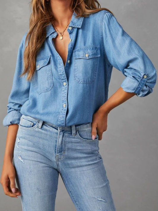 Casual lapel single-breasted long-sleeved denim shirt