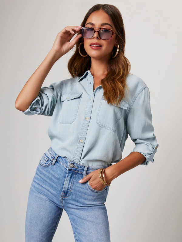 Casual lapel single-breasted long-sleeved denim shirt