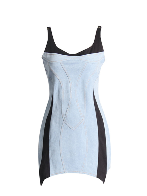 Spliced suspender hip-wrapped denim dress