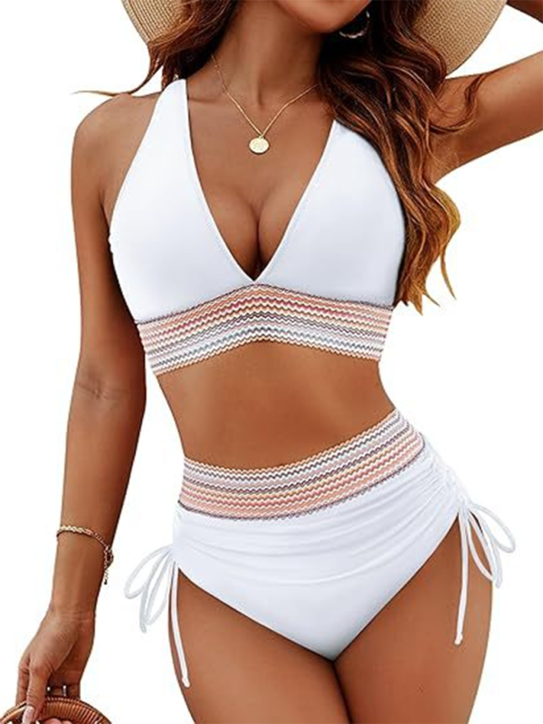 High waist two piece set V neck tie bikini