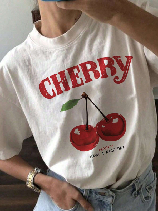 Oversized cherry print casual simple loose versatile white round neck short-sleeved T-shirt