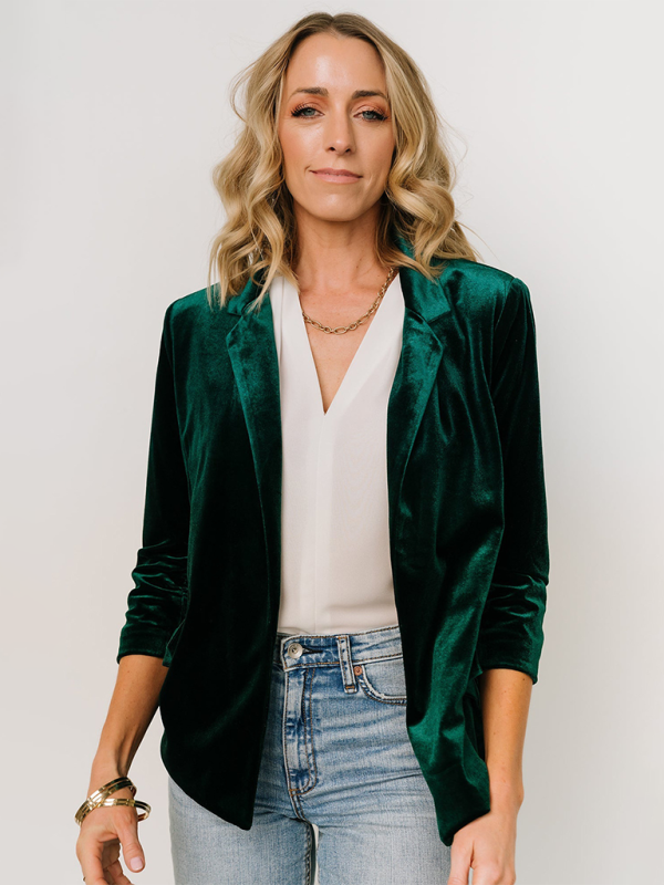 Velvet Slant Pocket Lapel Long Sleeve Blazer