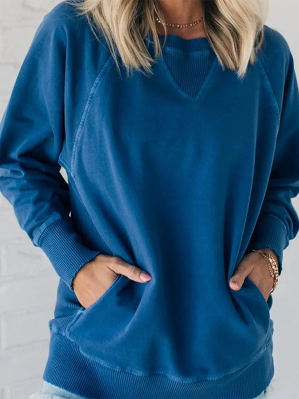 Women's Bat Sleeve Ribbed Embellished Pocket Pullover Sweatshirt