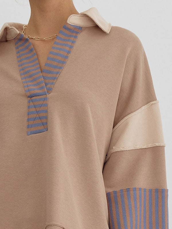 Women's Sweatshirt OversizedPolo Neck Striped Colorblocking Top