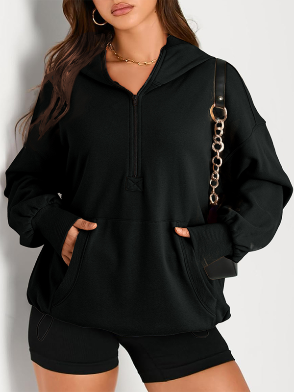 Women's Solid Color Long Sleeve Hooded Solid Color Zipper Plug Sweatshirt