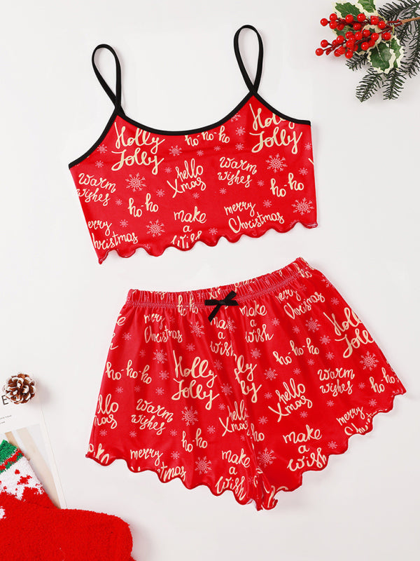 Christmas print sleeveless shorts, simple and casual two-piece home wear