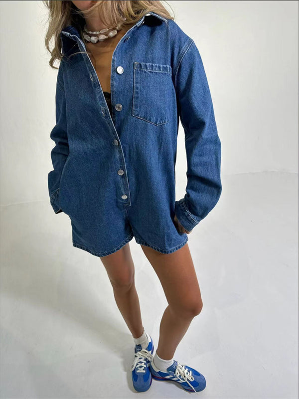 New Women's Lapel Long Sleeve Shorts Denim Jumpsuit