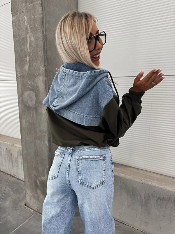 Fashion Loose Casual Washed Denim Stitching Hooded Women's Sweatshirt