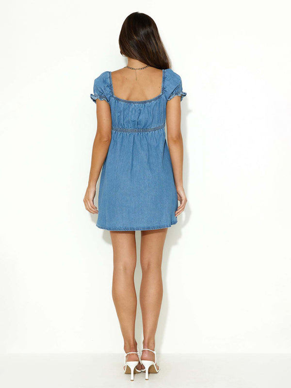 New Women's Denim Dress with Hollow Ties and Puff Sleeves