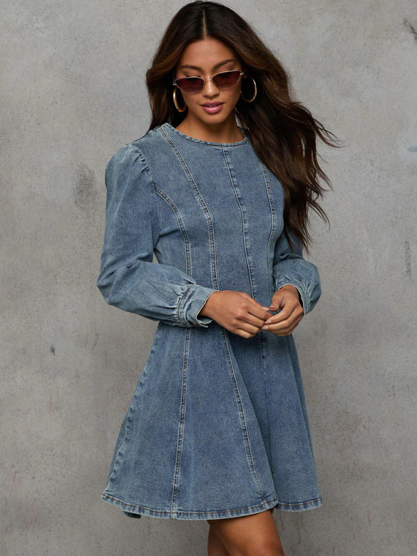 Fashion casual patchwork waist women's denim long sleeve dress