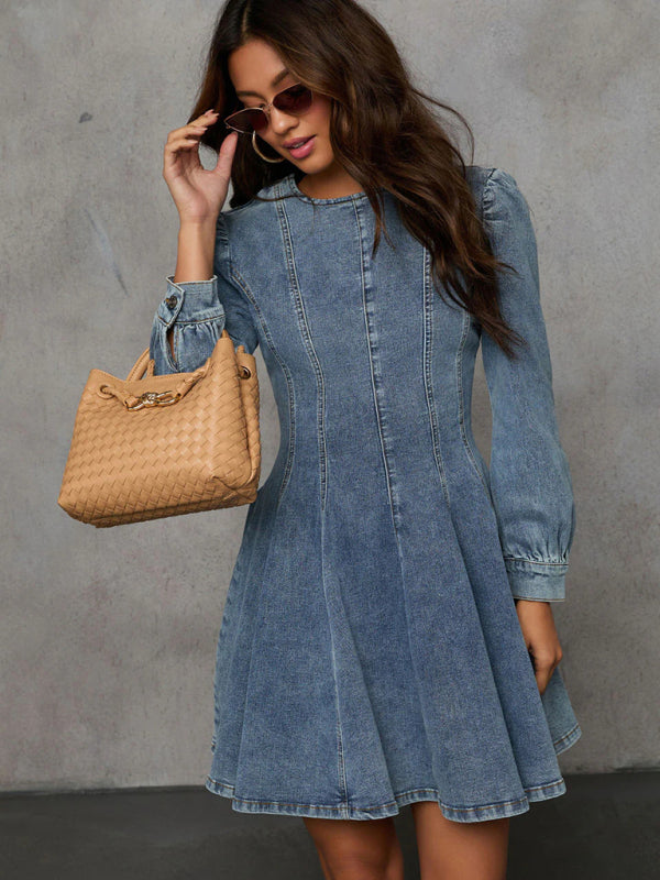 Fashion casual patchwork waist women's denim long sleeve dress