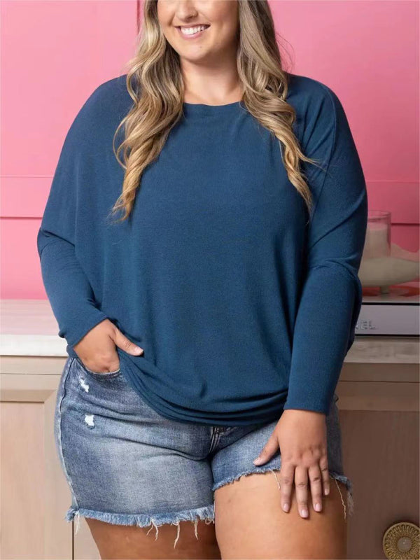 Plus size women's casual solid color long sleeve T-shirt