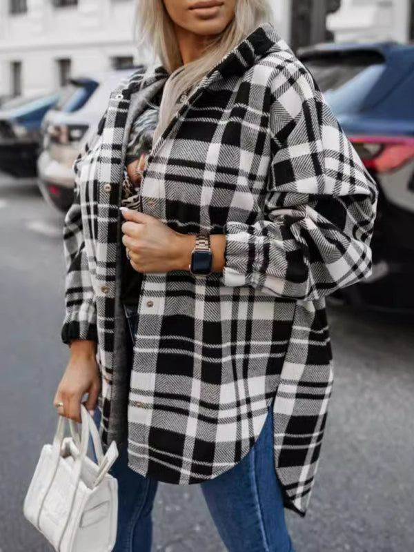 Ladies new loose fashion casual hooded plaid jacket