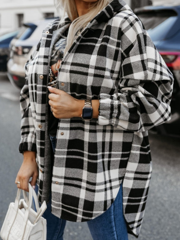 Ladies new loose fashion casual hooded plaid jacket