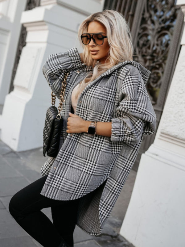 Ladies new loose fashion casual hooded plaid jacket