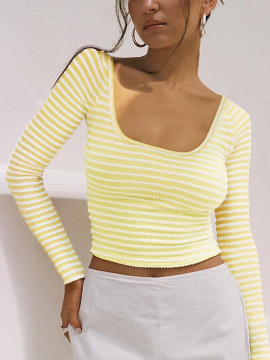 Y2K Navel-exposed Slim Fit U-neck Two-color Striped Long-sleeved Knitted T-shirt