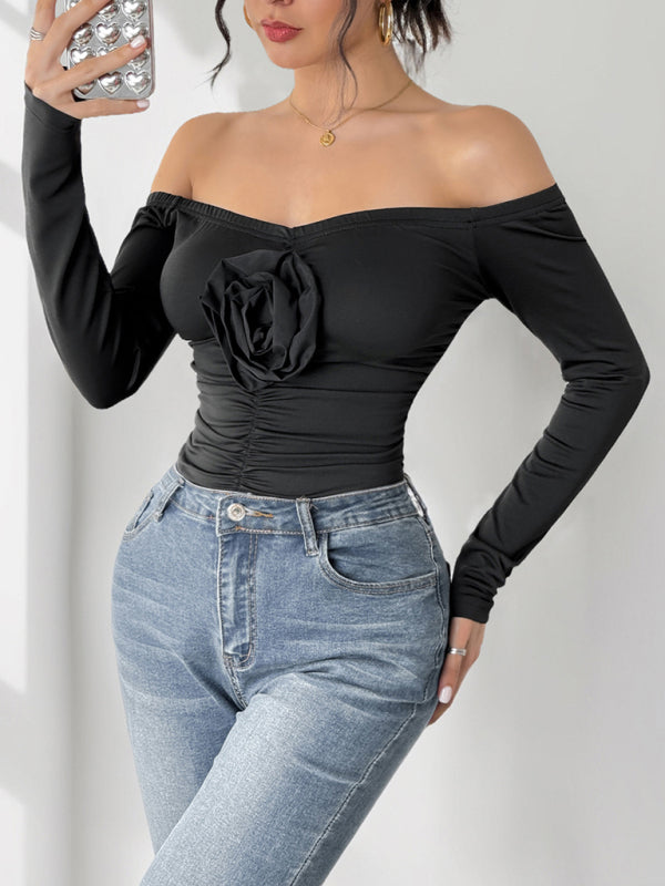 Off-shoulder sexy jumpsuit 3D flower one-shoulder slim bodysuit