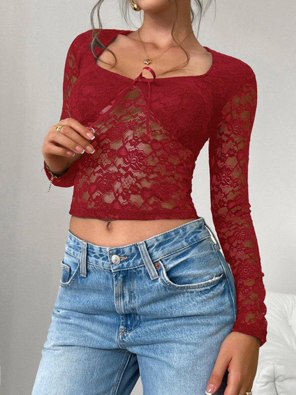 Beautiful y2k sexy style slim fit hollow long sleeve lace blouse top