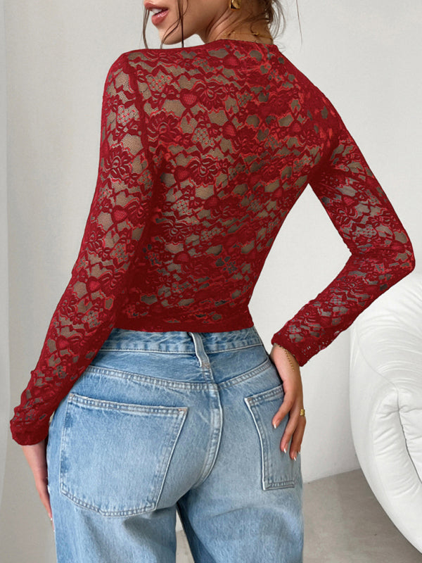 Beautiful y2k sexy style slim fit hollow long sleeve lace blouse top