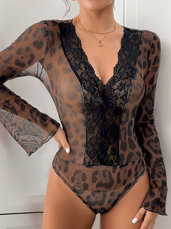 Fashion Leopard Print Sexy Mesh Splicing Trumpet Sleeve Bodysuit