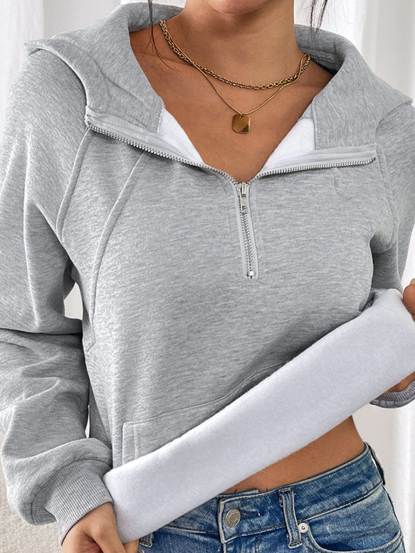 Long-sleeved casual hoodie autumn and winter new style plus velvet thickened solid color pullover sweater top