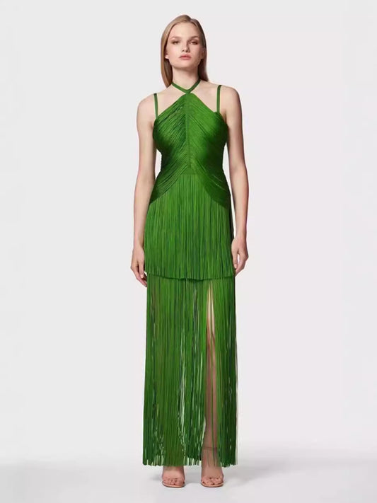 New green halter neck maxi dress with fringe hem for dinner party Dress