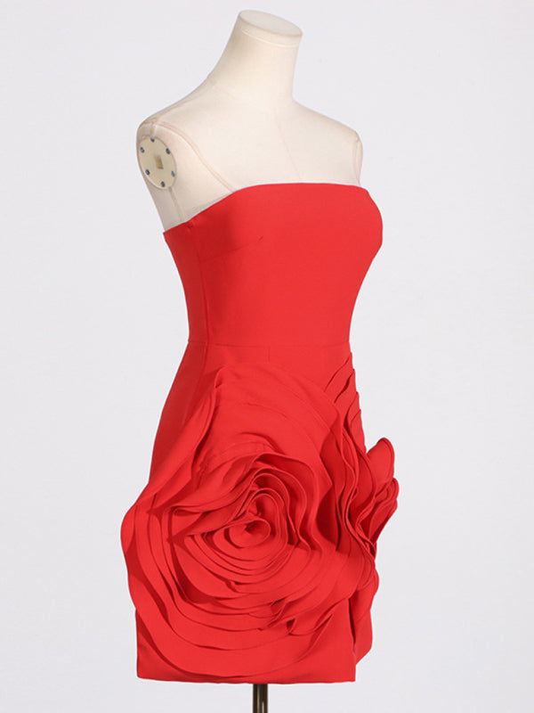 Women's Sexy Evening Dress Tube Top Three-Dimensional Rose Flower Dress