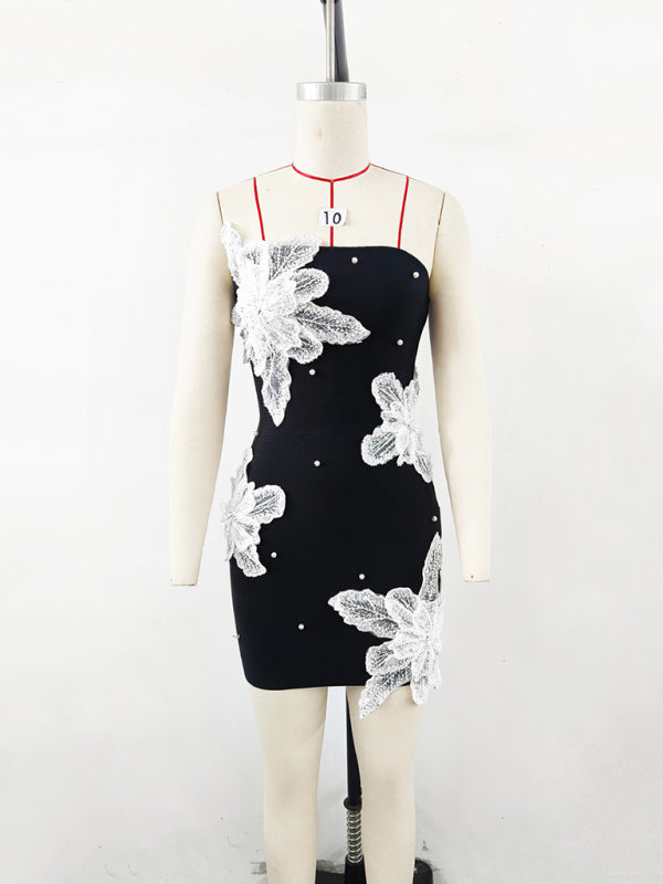 Christmas women's tube top beaded flower bandage dress knitted black short dress party skirt