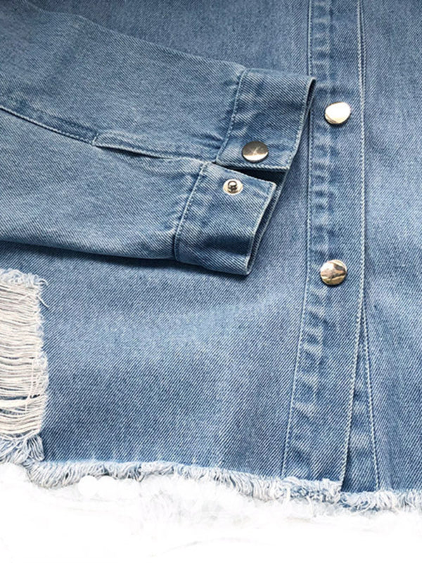 Ripped mid-length denim jacket washed vintage long-sleeved jacket