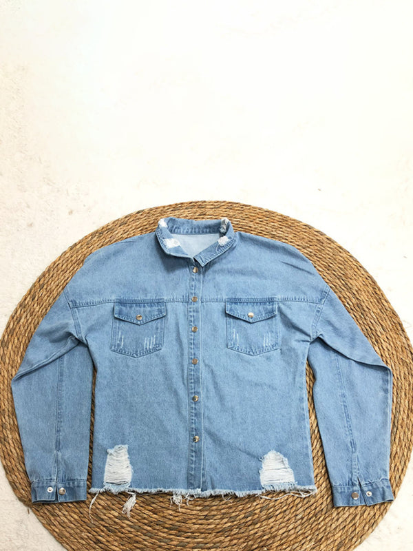 Ripped mid-length denim jacket washed vintage long-sleeved jacket