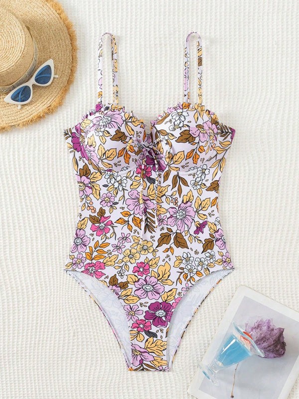 Sexy one-piece swimsuit with bowknot floral print