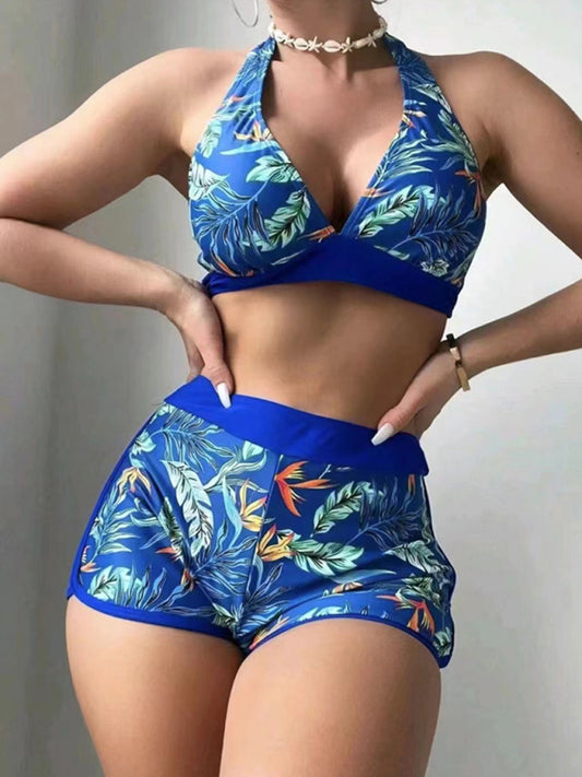 Splicing print halter neck split bikini bikini sexy high waist swimsuit