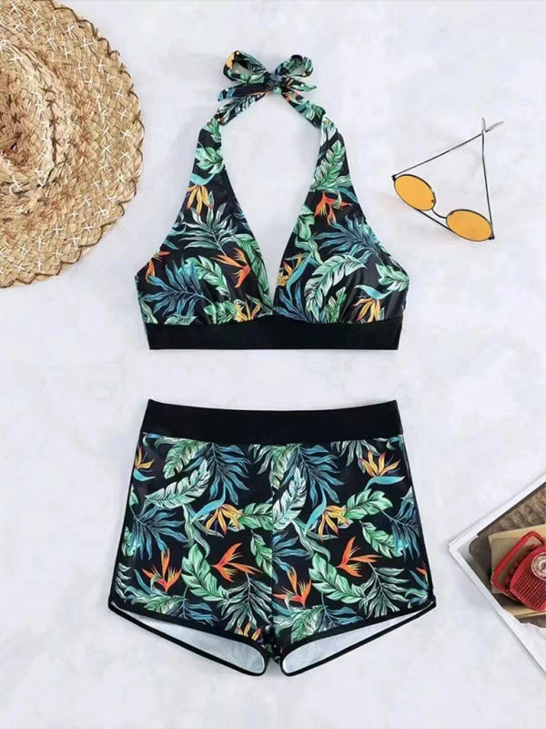 Splicing print halter neck split bikini bikini sexy high waist swimsuit