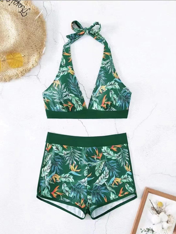 Splicing print halter neck split bikini bikini sexy high waist swimsuit