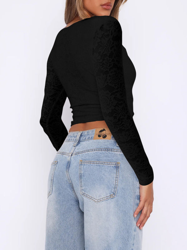 Y2K sexy deep V hollow sweet spicy style lace pullover top