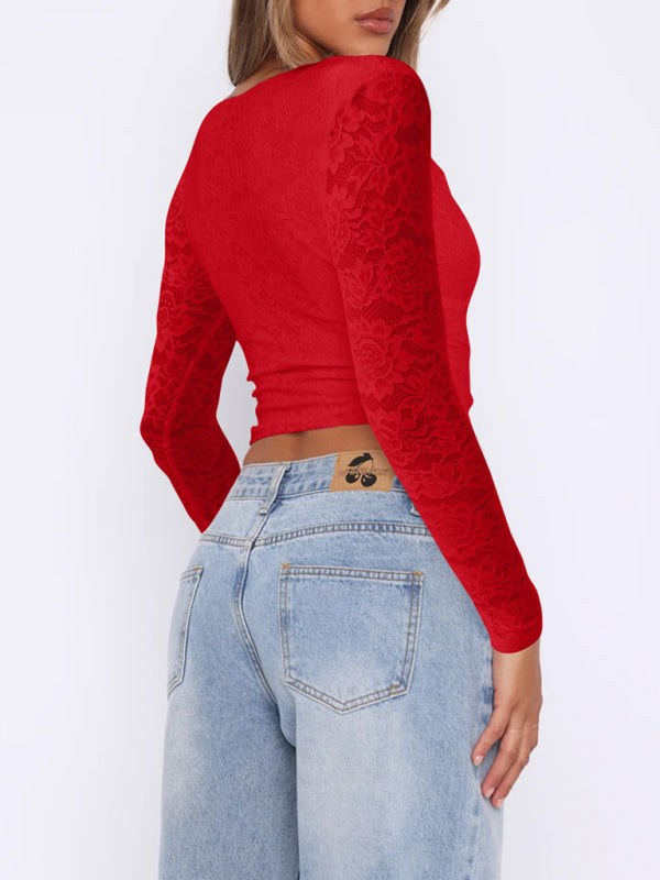 Y2K sexy deep V hollow sweet spicy style lace pullover top