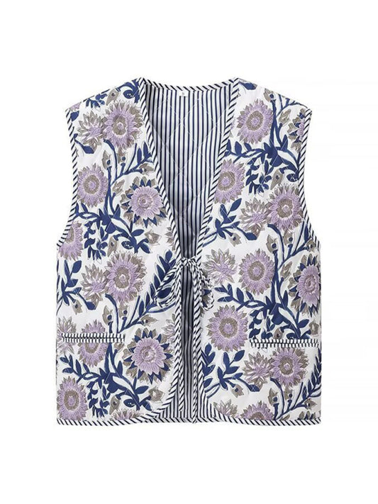 New Fashion V-Neck Sleeveless Lace-Up Retro Floral Print Vest