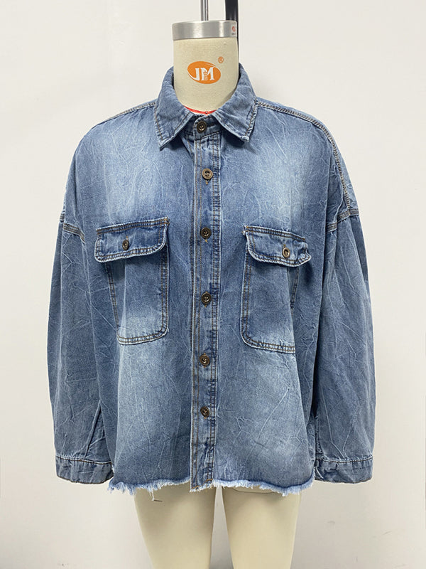 New Retro Loose Denim Shirt Drop Shoulder Blue Large Pocket Shirt