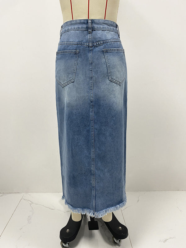 New high waist irregular raw edge denim skirt for women old washed skirt