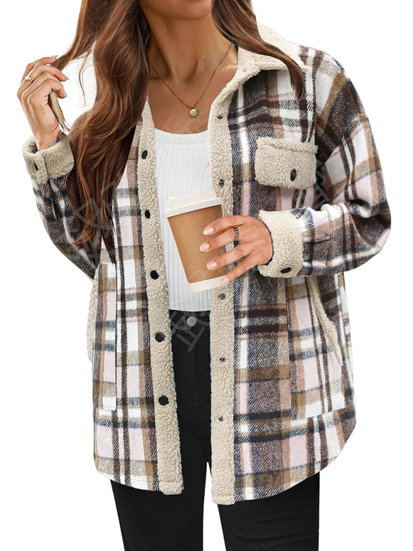 Casual autumn and winter coat contrast color plaid jacket casual lapel velvet coat