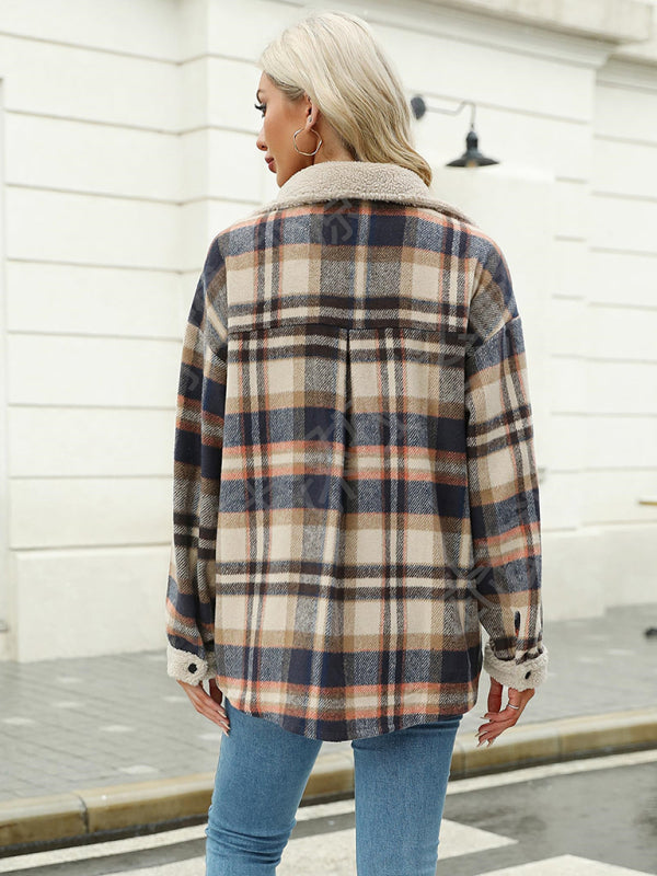 Casual autumn and winter coat contrast color plaid jacket casual lapel velvet coat