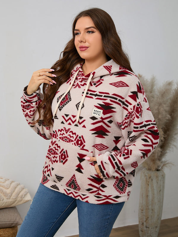 Plus size women's loose casual geometric pattern thickened plush sweatshirt jacket