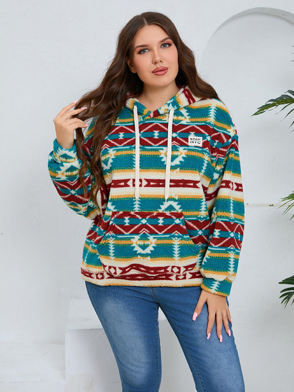 Plus size women's loose casual geometric pattern thickened plush sweatshirt jacket