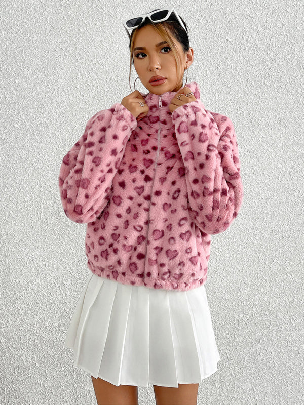 New Zipper Long Sleeve Valentine's Day Love Leopard Print Plush Jacket