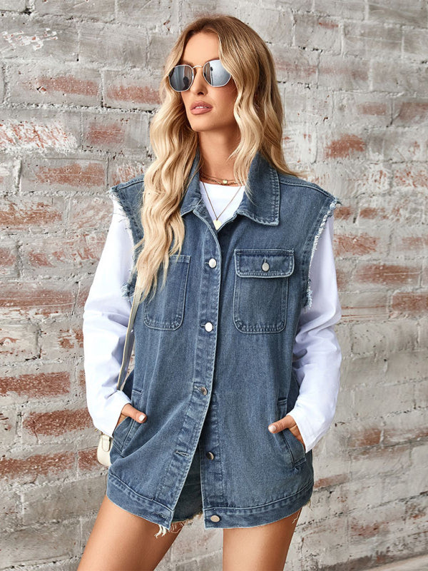 New Washed Denim Loose Vest Waistcoat Cardigan Top