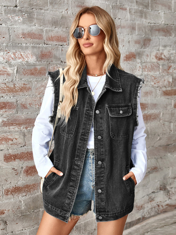 New Washed Denim Loose Vest Waistcoat Cardigan Top