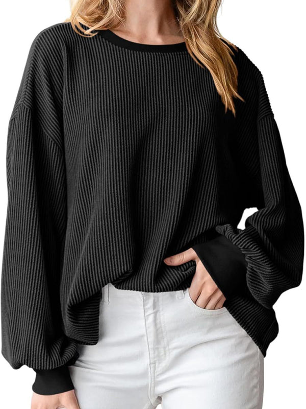 New textured small pit stripe loose long-sleeved T-shirt top fashionable casual sweatshirt