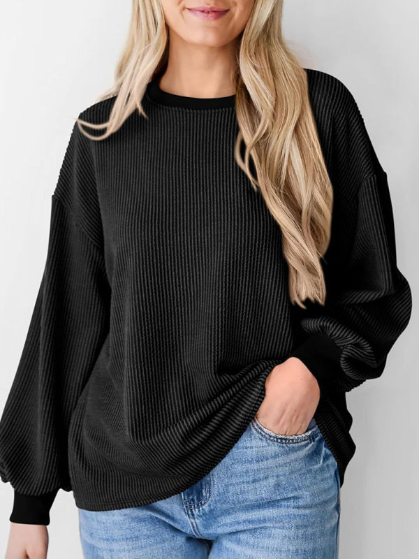 New textured small pit stripe loose long-sleeved T-shirt top fashionable casual sweatshirt