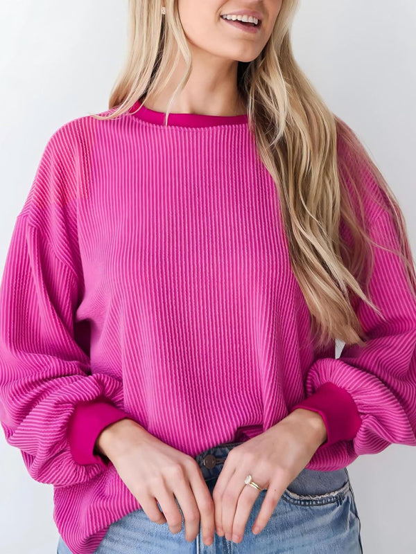 New textured small pit stripe loose long-sleeved T-shirt top fashionable casual sweatshirt