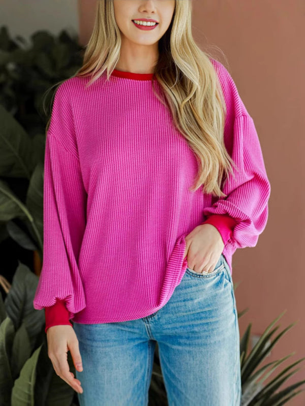 New textured small pit stripe loose long-sleeved T-shirt top fashionable casual sweatshirt